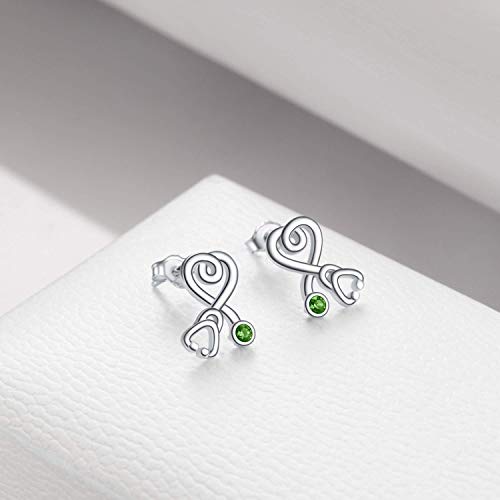 Stethoscope Earrings 925 Sterling Silver Heart Studs Earrings 12 Months Birthstone Crystals from Austria, Graduation Jewelry Gifts for Nurse Doctor RN Medical Student - color: Simulated Peridot
