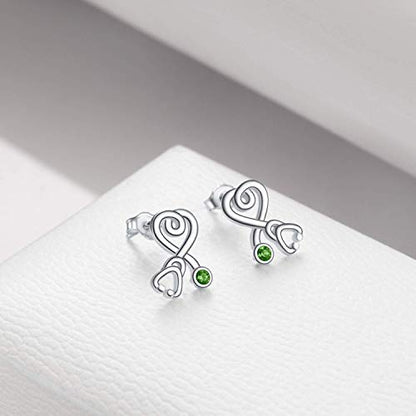 Stethoscope Earrings 925 Sterling Silver Heart Studs Earrings 12 Months Birthstone Crystals from Austria, Graduation Jewelry Gifts for Nurse Doctor RN Medical Student - color: Simulated Peridot