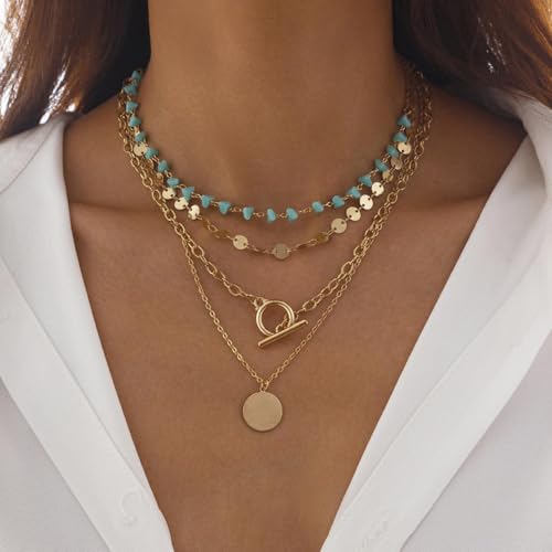 HUASAI Boho Necklaces for Women Dainty Layered Choker Necklace Bohemian Turquoise Necklace Statement Jewelry Western Cowgirl Country Concert Outfits Accessories - color: A-Boho Layer