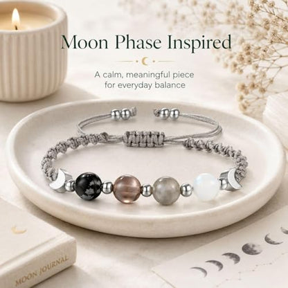 Moon Phase Bracelet for Women, Natural Stone Beaded Bracelet with Crescent Moon Charm, Black Grey White Stretch Bracelets with Message Card, Celestial Jewelry Gift for Women