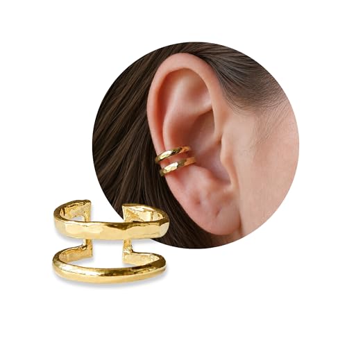 Gold Plated Ear Cuff, Handmade Single Un-Even Double Band Adjustable Non Piercing Clip On Cartilage Earring, Minimalist Ear Wrap Faux Piercing Jewelry for Women (Double Band)