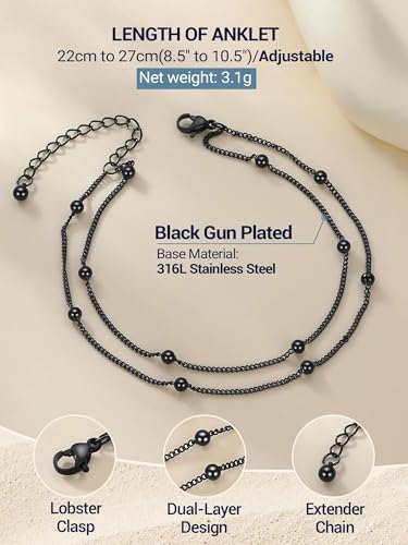 PROSTEEL Ankle Bracelets for Women Waterproof, Layered Stainless Steel Summer Beach anklets, Silver/Gold 8-10.5 Inch Adjustable, Come with Box - color: Black, size: Layer Ball Station