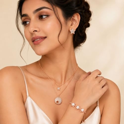 Nilu's Collection Infinity Shape Cubic Zirconia Diamond Bracelet for Women, Jewelry for Gift, Adjustable Charm Bracelet (Rose Gold Necklace + Bracelet) - color: Star Combo