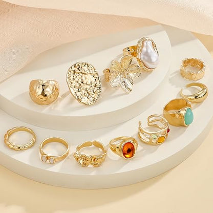 RIOSO Chunky Rings Set for Women Thick Large Big Bulk Statement Dainty Fashion Stackable Knuckle Ring Womens Chunky Rings Jewelry Sets