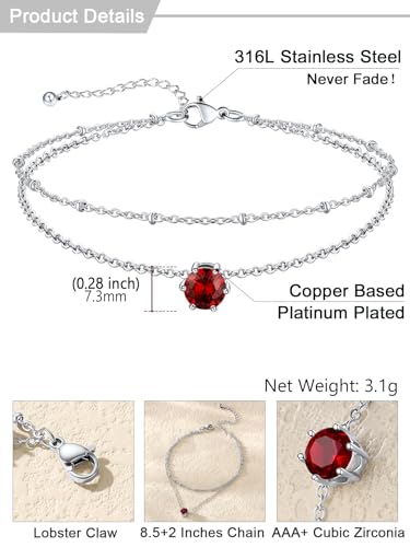 U7 Silver Ankle Bracelet for Women, Waterproof Layered Ankle Round Gem Birthstone Anklets, Summer Beach Foot Jewelry, Adjustable 8.5"-10.5" - color: 01.January-Garnet Red