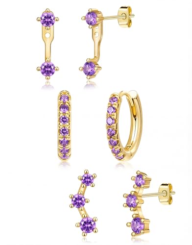 3 Pairs Dainty Small Earrings Set for Women Trendy, Birthstone Stud Huggie Hoop Jacket Stack for Cartilage Helix, Gold Plated Hypoallergenic Cute Women Fashion Accessories Western Jewelry Gifts - color: 02Purple Created Amethyst-Feb (Gold)