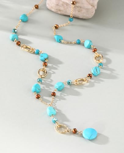 FULU AUTUMN Long Gold Beaded Necklaces for Women Natural Stone Bead Statement Pendant Necklace Y Sweater Chain Fashion Jewelry Gifts - color: Turquoise