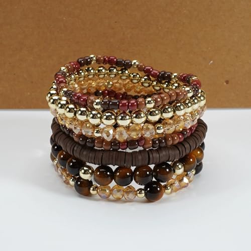 7/12Pcs Set Bohemian Stackable Crystal Seed Beaded Elastic Stretch Bracelet Multilayerd Handmade Brass Bead for Women Jewelry Surfer Heishi Polymer Clay Layering - color: brown