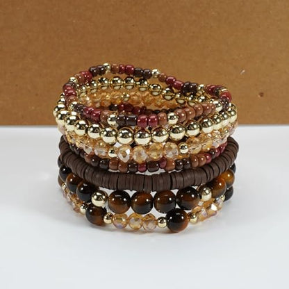 7/12Pcs Set Bohemian Stackable Crystal Seed Beaded Elastic Stretch Bracelet Multilayerd Handmade Brass Bead for Women Jewelry Surfer Heishi Polymer Clay Layering - color: brown