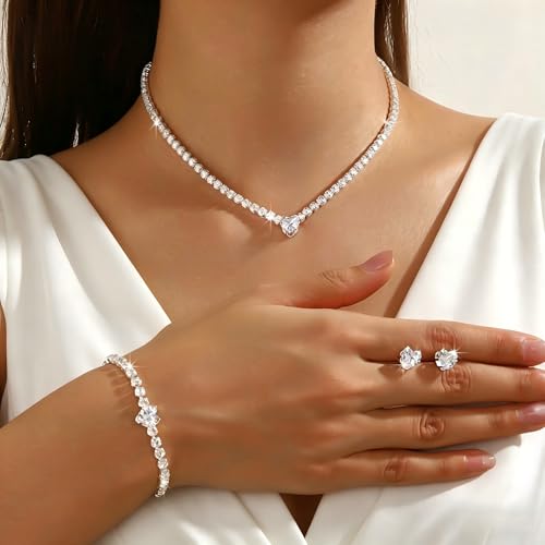 Women's Fashion Jewelry Rhinestone Zircon Necklace and Earring Set Formal Ball Gown Accessories Silver Floral Pendant Bridal Wedding Jewelry Suitable for Weddings, Balls, Banquets, and All Special Occasions - style: GST007