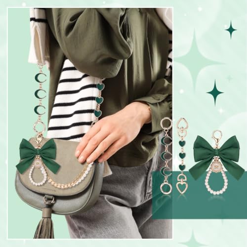 Sureio 5 Pcs Bag Extender Chain Pearl Purse Chain Ribbon Bow Keychain Extender Bag Strap Purse Charms Accessories for Handbag - color: Dark Green and Gold