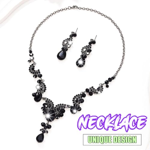Sixexey Rhinestone Jewelry Set Crystal Necklace and Earrings Wedding Prom Jewelry Accessories for Women - color: Black
