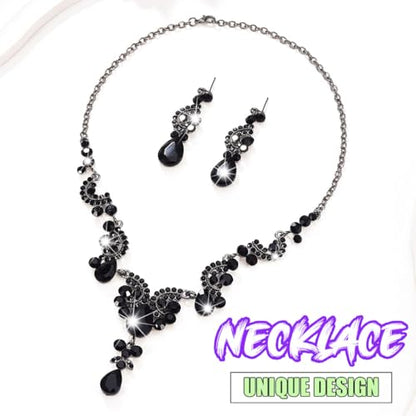 Sixexey Rhinestone Jewelry Set Crystal Necklace and Earrings Wedding Prom Jewelry Accessories for Women - color: Black