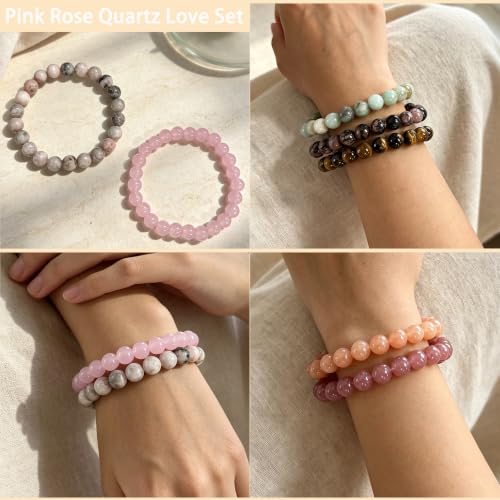 COLOYAN 7 Pcs 8mm Natural Stone Beaded Healing Crystal Bracelets for Women | Durable Handmade Stretch Bracelets, Multiple Styles,Semi-Precious Gemstones Reiki Spiritual Jewelry Gift Meditation Yoga - color: C