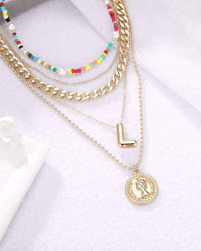 MJartoria Layered Necklaces for Women Trendy Balloon Initial Pendant Necklace Dainty Chunky Chain Beaded Choker Necklaces Jewelry Birthday Gifts - color: Gold, style: L