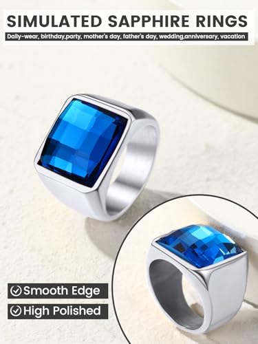 KeyStyle Square Gemstone Signet Rings for Men, Personalized Stainless Steel Pinky Ring with Black Onxy Blue Topaz Birthstone Statement Ring - color: 316L Stainless Steel- Blue Topaz-15mm