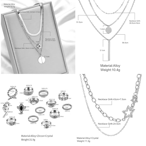 73 Pcs Gold Jewelry Set with 6Pcs Layered Necklace, 11 Pcs anklet and 7Pcs Earring Ear Cuff,12Hoop Earrings ,15pcs Rings,21pcs stud earrings Jewerly set for Women Pack for Friendship Party Gift - style: AA silver