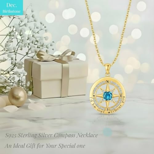 Compass Necklace for Women Wife Girlfriend Mom Daughter Gifts | S925 Silver Jewelry For Anniversary 18K Rose Gold Gifts For Birthday Christmas Mothers Valentines Day 12 Birthstones - style: 12-December-Gold