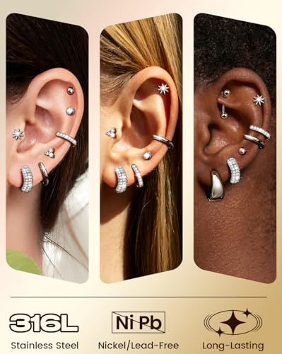 Nunpag 9 Pairs Hypoallergenic 14K Gold Plated Flat Back Earrings for Women Studs Earring Opal Ball Triangular Sun CZ Stones Hoop Earrings Stainless Steel Jewelry Gift for Sensitive Ears - color: 9Pcs-Silver