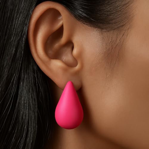 14K Gold Clip On Earrings Women,Teardrop Chunky Detachable Hoop Clip-On Earrings for Non Pierced Ears Hypoallergenic Lightweight Earring Clips - color: Hot Pink