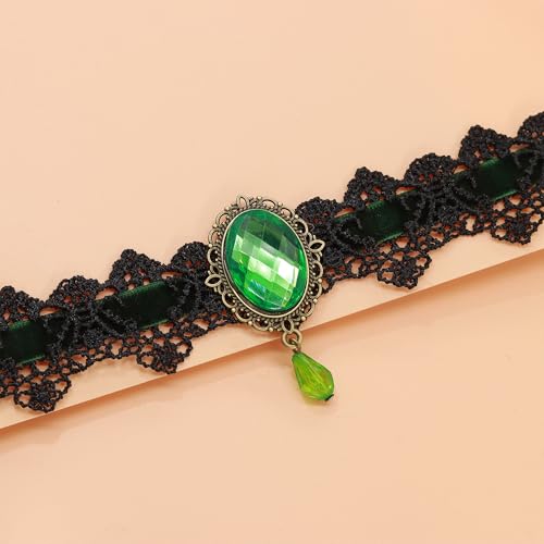 AILUOR Punk Rock Wedding Party Handmade Black Lace Choker, Gothic Retro Lolita Beads Chain Vampire Pendant Necklace for Women Halloween - color: Green