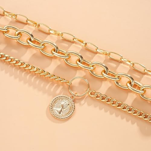 Layered Necklace Set Women - Cuban Paperclip Coin Pendant Silver | 3 pcs chunky stackable set, Trendy toggle clasp, Mixed link texture, Coin charm detail, Perfect layered jewelry gift - color: Gold
