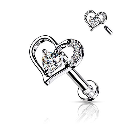 16GA Paved Heart Contour Heart CZ Solitaire Internally Threaded 316L Surgical Steel Flat Back Studs for Labret, Monroe, Cartilage and More - style: Clear, 16GA, L.5/16" (8mm)