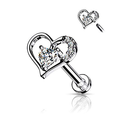 16GA Paved Heart Contour Heart CZ Solitaire Internally Threaded 316L Surgical Steel Flat Back Studs for Labret, Monroe, Cartilage and More - style: Clear, 16GA, L.5/16" (8mm)