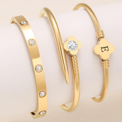 14K Gold Plated Personalized Flower Bracelet Set with Initial Charm Trendy Stackable Jewelry for Women - style: style1 E