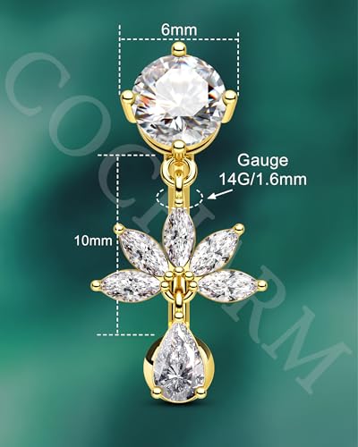 Flower Dangle Belly Button Ring, 14G Gold Reverse Belly Button Piercing for Women, Surgical Steel Silver Navel Piercing Jewelry Hypoallergenic - color: gold
