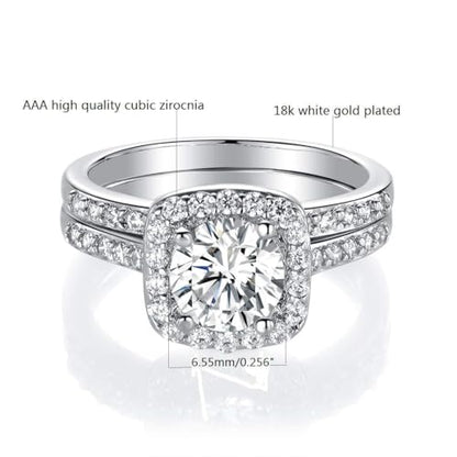 MDFUN 18K White Gold Plated Cubic Zirconia Two-in-One Halo Wedding Engagement Promise Eternity Ring for Women