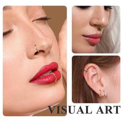 ONESING 5pcs Nose Rings Hoops 14G-20G Hinged CZ Conch Piercing Jewelry 316L Surgical Steel Septum & Lip Rings 6mm-14mm - color: Gold, size: 14G(1.6mm)-14mm
