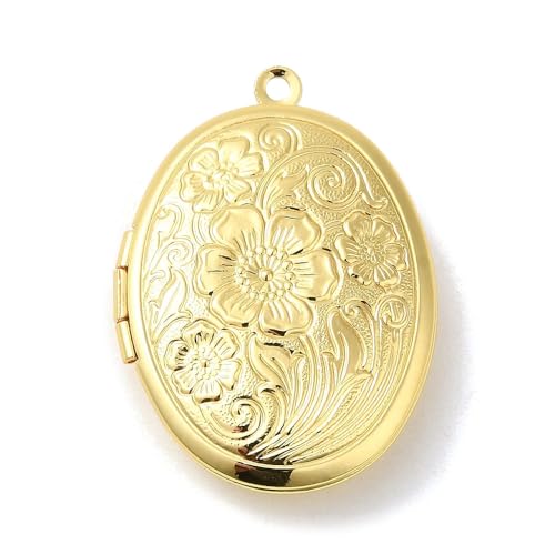KitBeads 20Pcs Oval with Flower Locket Charms Brass Memorial Photo Frame Real 18K Gold Plated Pendants for Jewelry Making Bracelets Earrings Necklace Bulk