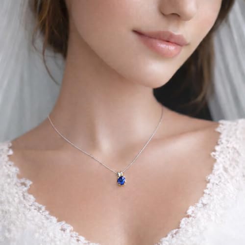 Mariell Cubic Zirconia Crystal Pendant Necklace for Women, 2 Carat 8mm CZ, for Brides, Wedding, Mother's Day Jewelry Gift - color: Silver-Sapphire Blue Cubic Zirconia