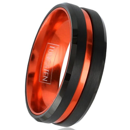 Engraved Personalized 6mm/8mm Brushed Finish Black Tungsten Carbide Band Ring w/Metallic Orange Stripe & Matching Anodized Aluminum Inner Band.