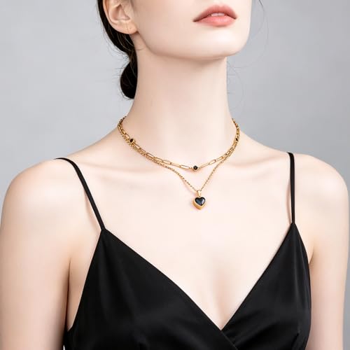 Birthstone Layered Pendant Paperclip Necklace 18k Gold Plated Heart Choker Chain Necklace Emerald Cut Jewelry Birthday Gift for Women - color: Black Heart