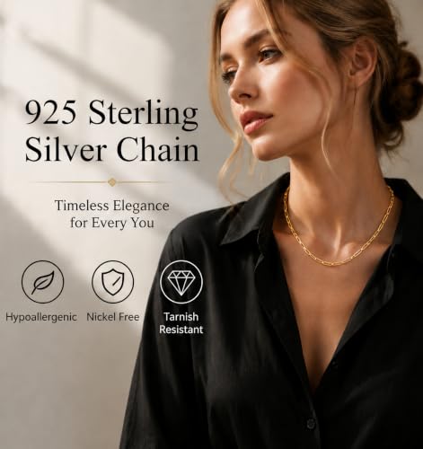 18k Gold Plated 925 Sterling Silver Chain Necklace for Women,3.0mm Thin Sturdy Paperclip Chain, Layering Necklace Tarnish Resistant Dainty Jewelry Gift 18/20/22/24/26 Inch - color: Gold, size: 26 Inch