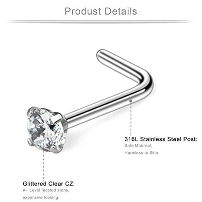 20G 1.5mm 2mm 2.5mm 3mm 3.5mm 4mm Opal Clear Diamond CZ Nose L Shaped Studs Rings Piercing Jewelry 4-20PCS - color: 12PCS - Silver