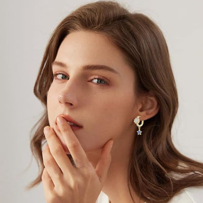14k Gold Plated Star Moon Sun Huggies Hoops Earrings for Woman | 925 Sterling Silver Cubic Zirconia Twisted Cross Hoop Post Chunky Small Tiny cuff Earring Gift for Her - color: star moon sun earring