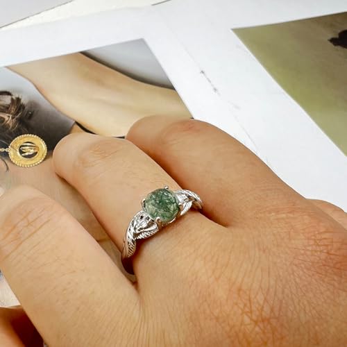 Moss Agate Ring for Women Silver Vintage Open Adjustable Green Gemstone | Natural Moss Agate Stone; Unique Green Gemstone Pattern; Vintage Silver Rings Design; Open Adjustable Fit