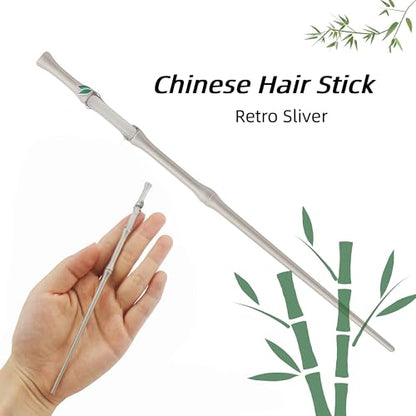 Metal Silver Bamboo Hair Stick with Jade, Unique New Chinese Jade Hair Pin for Women, Elegant Sword Accessory for Buns, Updos & Hanfu Cheongsam Styling