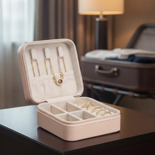 VLANDO Small Travel Jewelry Box Organizer Display Case for Girls Women Gift Rings Earrings Necklaces Storage, Pale Nude Pink - color: Pale Nude Pink