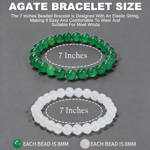 2PCS Agate Bracelet for Women Men Natural Round Beaded Agates Stone Healing Stretch Bracelets Elastic Handmade Polished Gemstone Beads Bracelet - color: White+Green, size: 8mm Beads