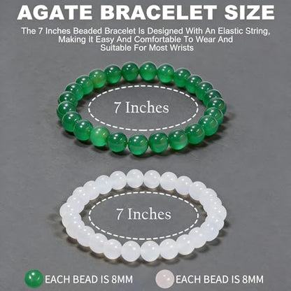 2PCS Agate Bracelet for Women Men Natural Round Beaded Agates Stone Healing Stretch Bracelets Elastic Handmade Polished Gemstone Beads Bracelet - color: White+Green, size: 8mm Beads