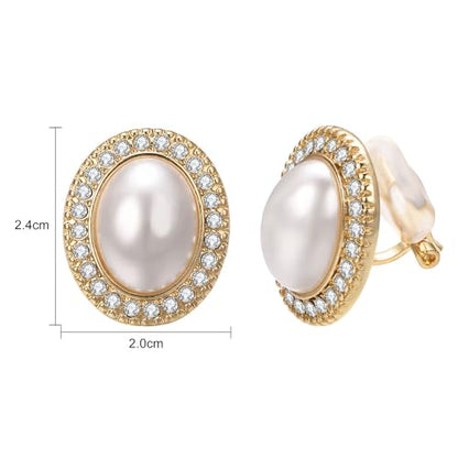 Yoursfs Faux Pearl Clip On Earrings For Women 18K Gold Plated Button Ear Clips - style: Oval Big White Pearl Clip on Earrings