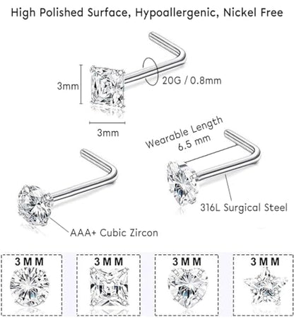 SEEDRILL 8Pcs 20G Nose Rings studs for Woman Hypoallergenic Nose Studs 316L Surgical Steel with Gold Plated Nose Piercings Jewelry 3mm CZ L Shape Nose Rings 20 Gauge Nose Stud Nose Screw Studs - style: 8Pcs/20G/3mm CZ/L-Shape/Silver