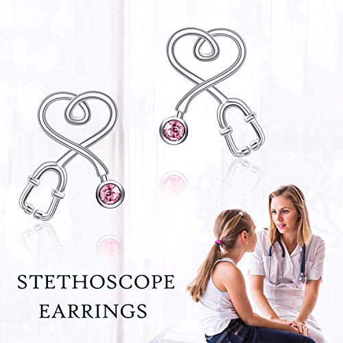 Stethoscope Earrings 925 Sterling Silver Heart Studs Earrings 12 Months Birthstone Crystals from Austria, Graduation Jewelry Gifts for Nurse Doctor RN Medical Student - color: Pink