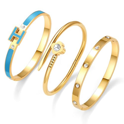 3Pcs Gold Bracelets for Women 14K Gold Plated Love/H/Nail Bangle Bracelet Dainty Non Tarnish Bracelet Jewelry Christmas Mothers Day Gifts for Women - color: 3Pcs Gold/Blue H bracelet