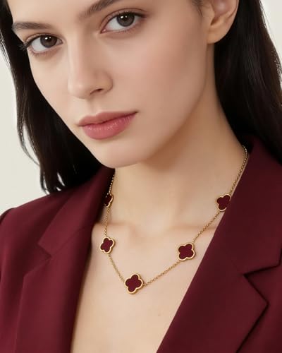 Four Leaf Clover Necklace 18K Gold Plated Necklaces for Women Lucky Flower Pendant Adjustable Link Chain Stainless Steel Dainty Trendy Simple Jewelry Gifts for Women - color: 5G-Single Red