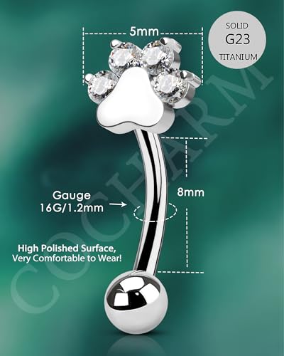 Cute G23 Titanium Paw Print Rook Earrings for Women Men-6mm, 8mm 16g Rook Piercing Jewelry Puppy Surgical Steel Eyebrow Rings Internally Threaded Dainty Eyebrow Barbells - color: 8mm